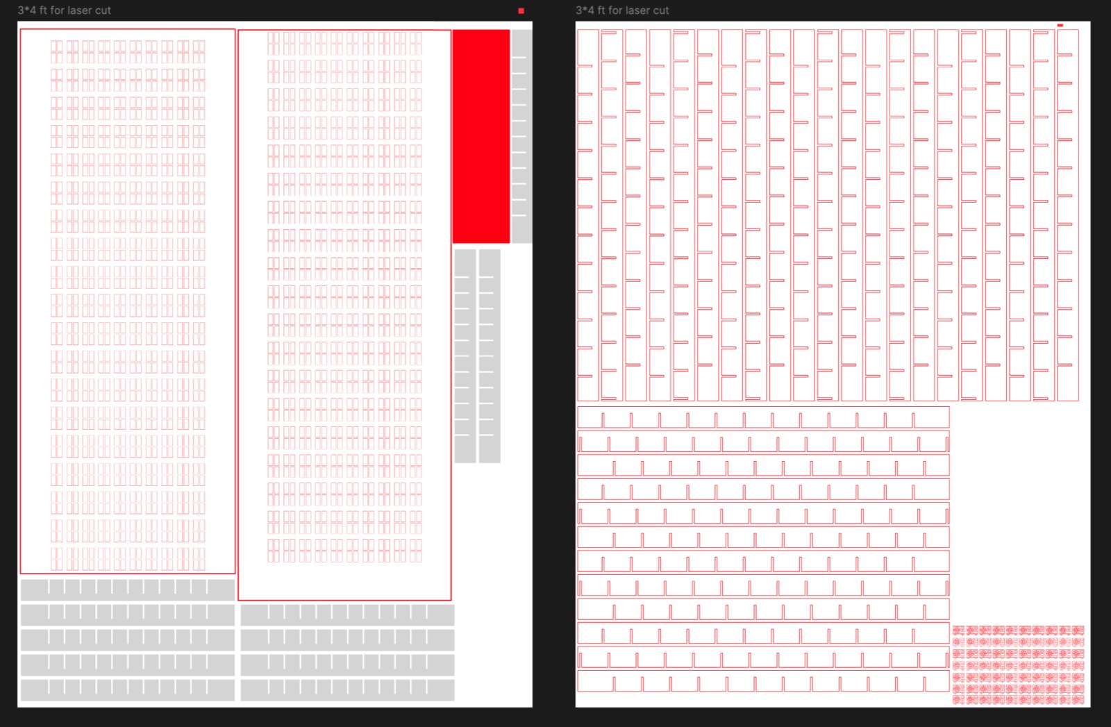 Laser-cut layout for the tower panels: hundreds of window slots arranged on two 3×4 ft sheets, with slotted dividers behind each window