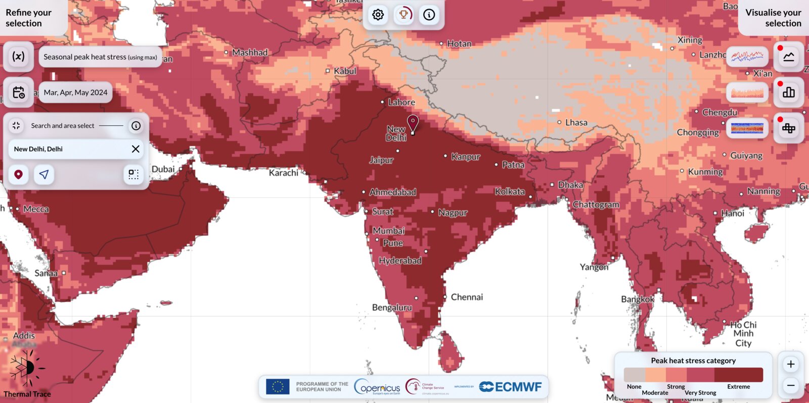 Copernicus ThermalTrace map showing seasonal peak heat stress across South Asia and West Asia for March–May 2023, with New Delhi pinned